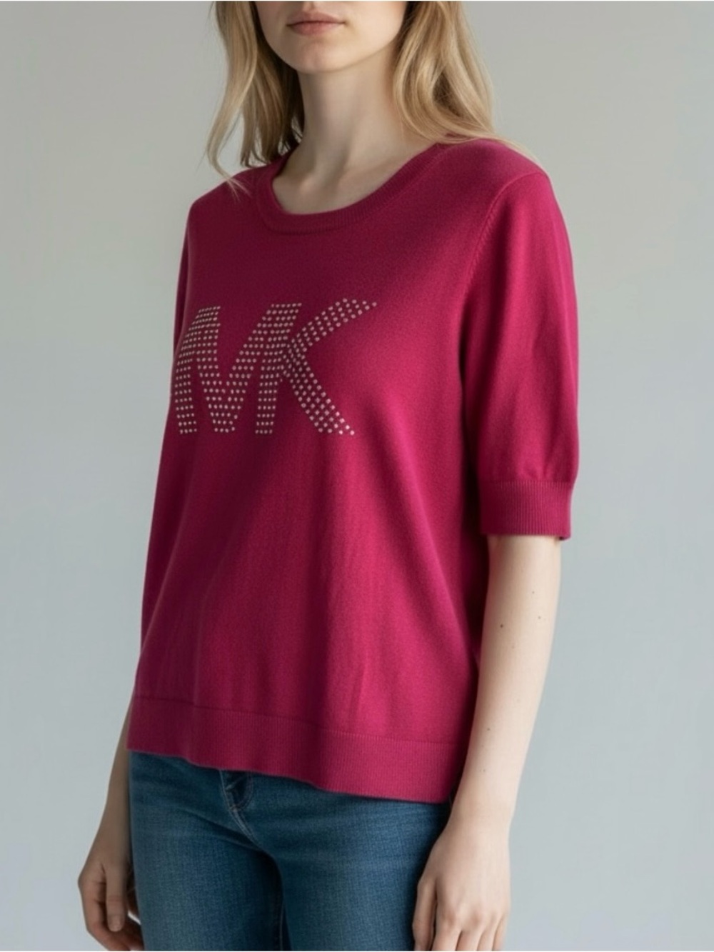MICHAEL KORS Women’s Magenta Pink Gold Studded MK Logo Short Sleeve Sweater Sz L